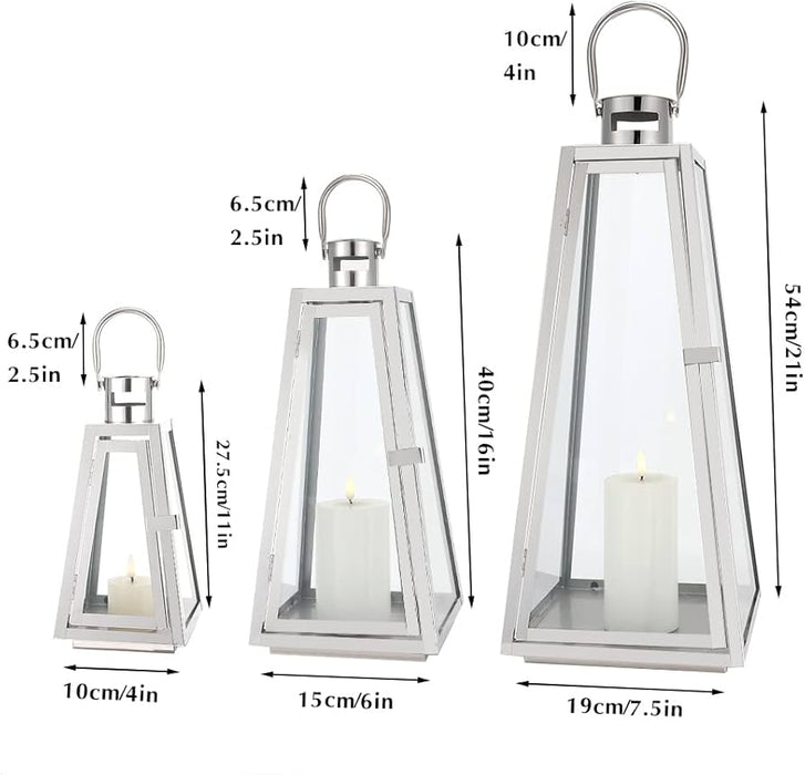 Set of 3 Stainless Steel Candle Lantern 21''&16''&11'' High Metal Candle Holder with Tempered Glass