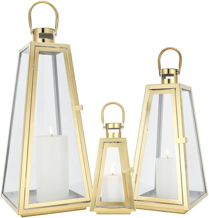 of 3 Stainless Steel Candle Lantern High Metal Candle Holder gold