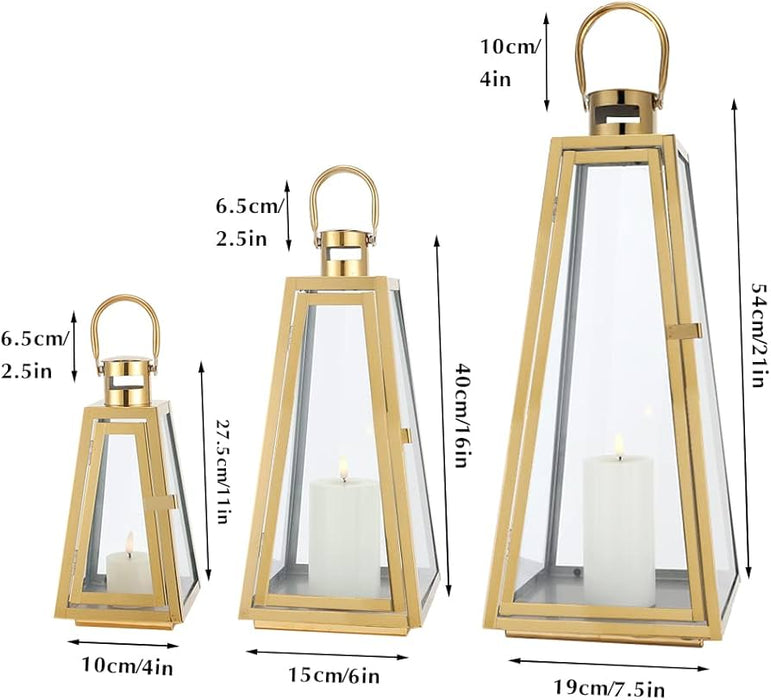 Set of 3 Stainless Steel Candle Lantern 21''&16''&11'' High Metal Candle Holder with Tempered Glass