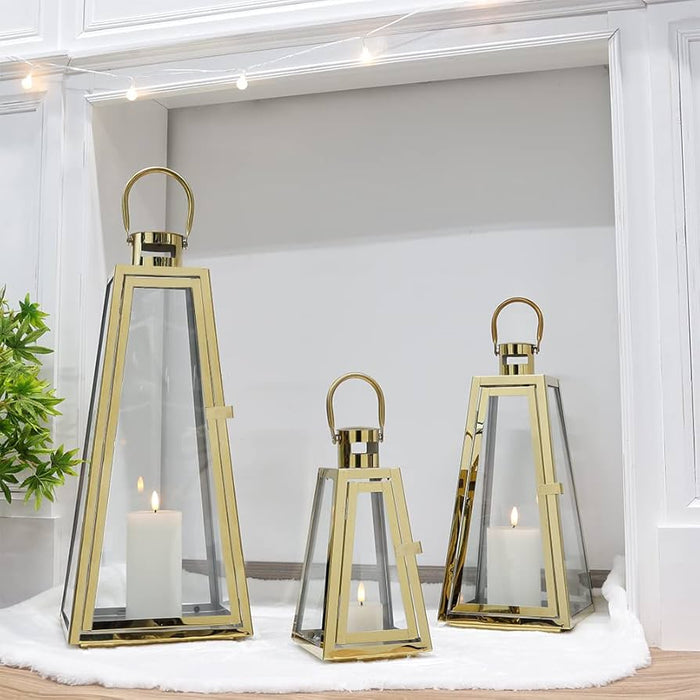 of 3 Stainless Steel Candle Lantern High Metal Candle Holder gold