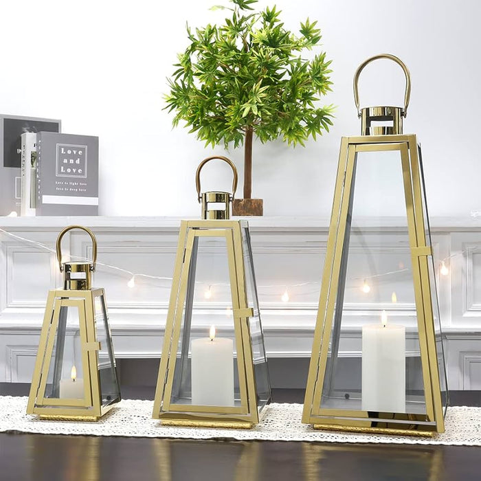 Set of 3 Stainless Steel Candle Lantern 21''&16''&11'' High Metal Candle Holder with Tempered Glass