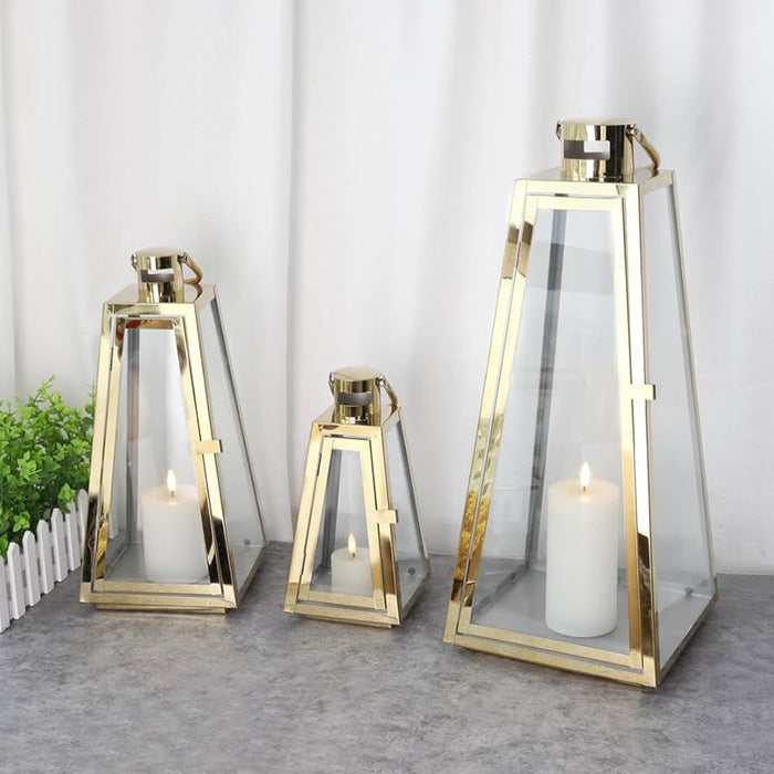 of 3 Stainless Steel Candle Lantern High Metal Candle Holder gold