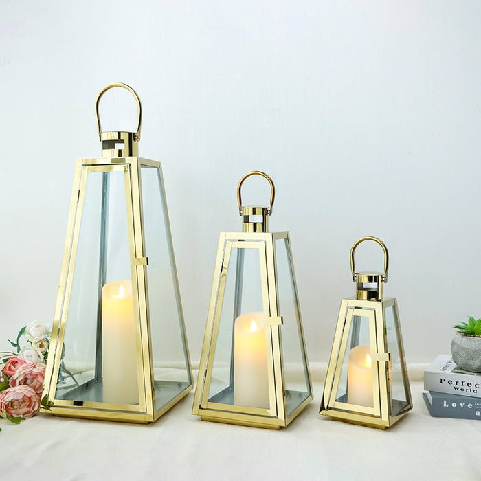 of 3 Stainless Steel Candle Lantern High Metal Candle Holder gold