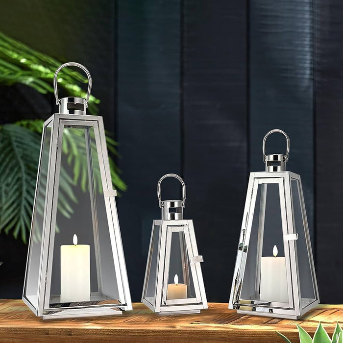 Set of 3 Stainless Steel Candle Lantern 21''&16''&11'' High Metal Candle Holder with Tempered Glass