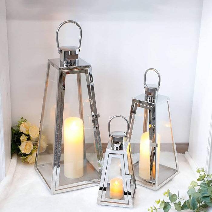 Set of 3 Stainless Steel Candle Lantern 21''&16''&11'' High Metal Candle Holder with Tempered Glass