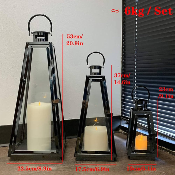 Set of 3 Stainless Steel Candle Lantern 21''&16''&11'' High ( black)