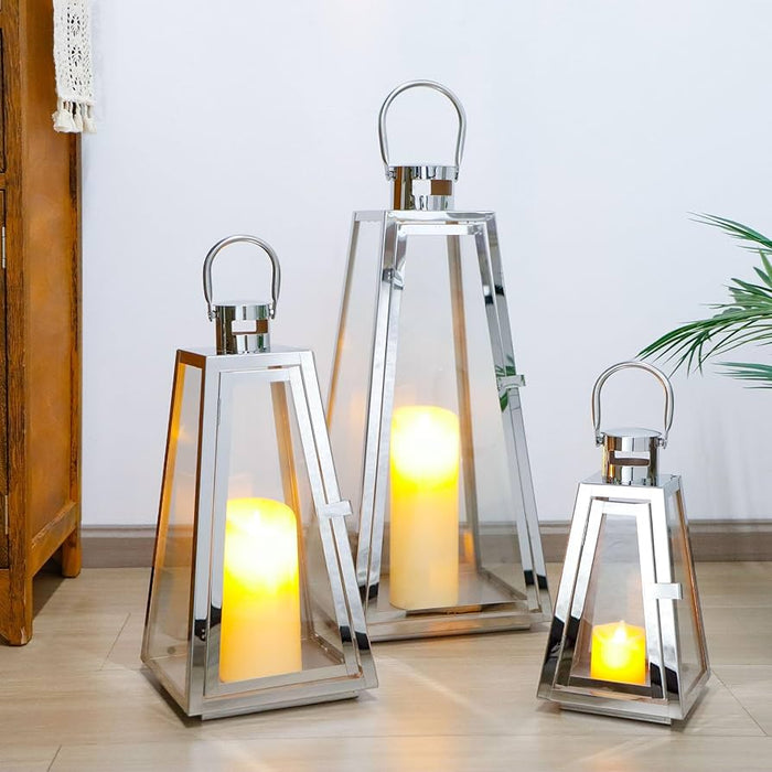 Set of 3 Stainless Steel Candle Lantern 21''&16''&11'' High Metal Candle Holder with Tempered Glass