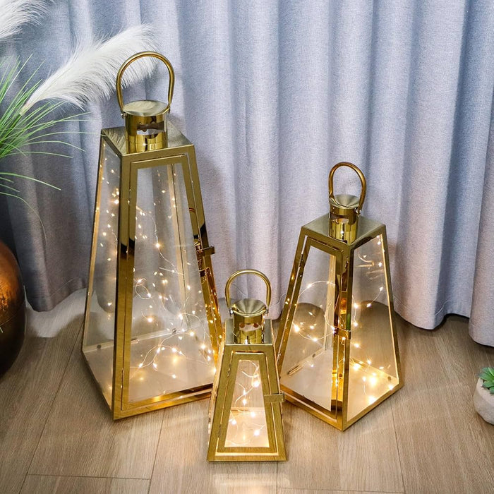 of 3 Stainless Steel Candle Lantern High Metal Candle Holder gold