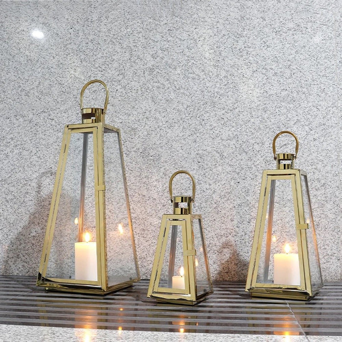 of 3 Stainless Steel Candle Lantern High Metal Candle Holder gold