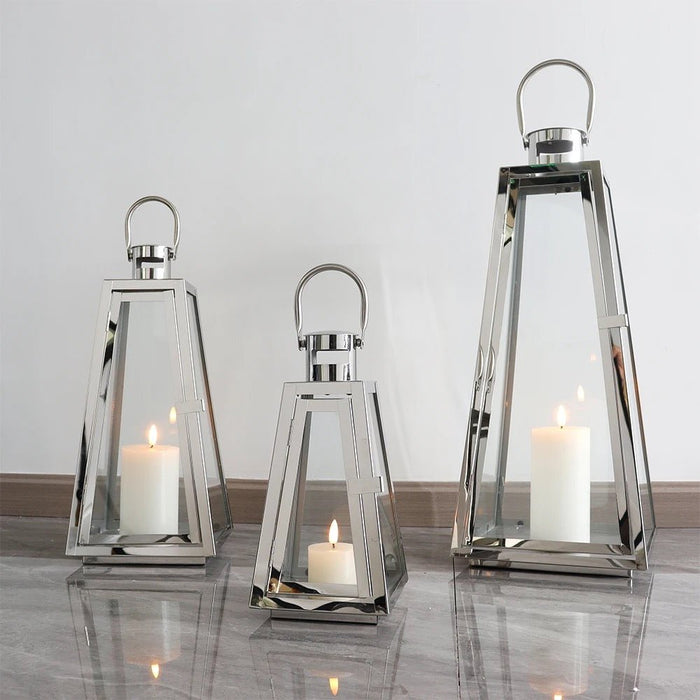 Set of 3 Stainless Steel Candle Lantern 21''&16''&11'' High Metal Candle Holder with Tempered Glass